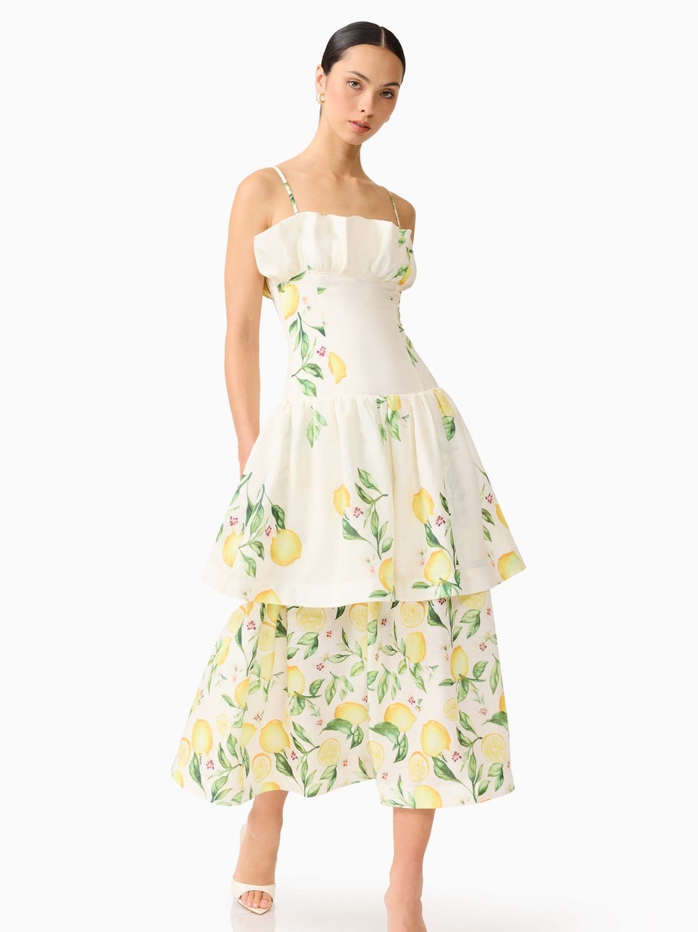 ELLIATT Hana Tiered Maxi Dress in Lemon Print Size S NWT ings. - Picture 1 of 9